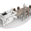 Modern Dining Table Set With Elegant Chairs Marble Countertop Vases And Pampas Grass 3d model