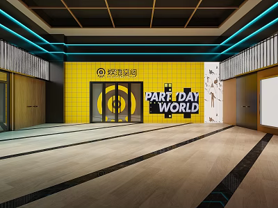 Modern Storefront With Yellow Grid Tiles Blue Accent Lines Arched Entrance And Wooden Doors 3d model