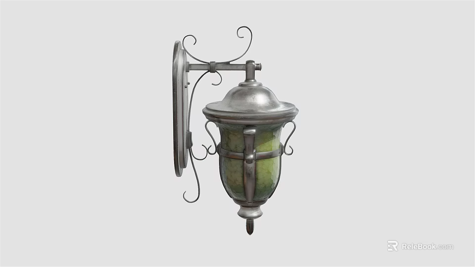Vintage Wall Sconce With Silver Metal Bracket Green Glass Shade And Decorative Scroll Details 3d model 