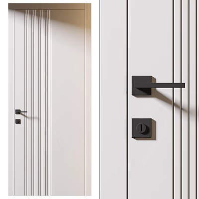 Modern White Swing Door With Vertical Stripe Design And Black Handle Lock 3d model