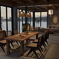 Modern Cozy Living Dining Room With Large Panoramic Lake View Windows Comfortable Furniture And Fireplace