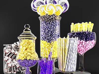 Colorful Candy Display In Glass Jars With Purple Yellow Lollipops Sticks And Striped Candies 3d model
