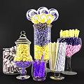 Colorful Candy Display In Glass Jars With Purple Yellow Lollipops Sticks And Striped Candies