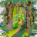 Cartoon Scene of Little Girl Entering Vines Covered Wooden Door with Flowers and Butterfly