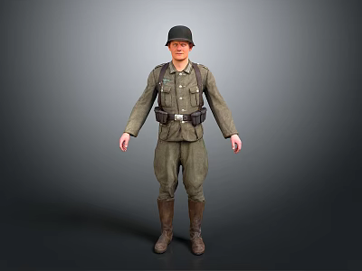 Military Uniformed Character Standing Pose With Green Outfit Black Cap Brown Boots And Gray Background 3d model