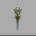 Intricate Fantasy Weapon With Sharp Blade Gold Green Accents And Gear Design