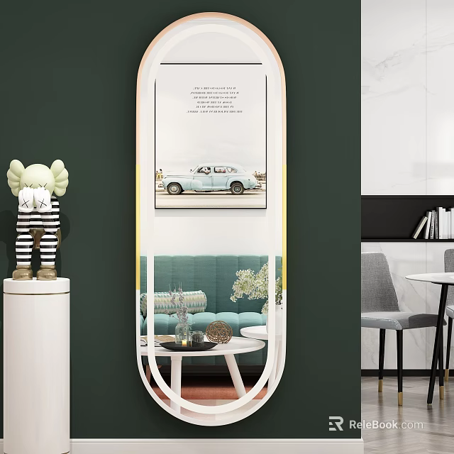 Elegant Modern Mirror In Living Room Interior With Green Sofa And Decorative Items 3d model 