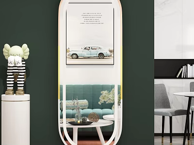 Elegant Modern Mirror In Living Room Interior With Green Sofa And Decorative Items 3d model
