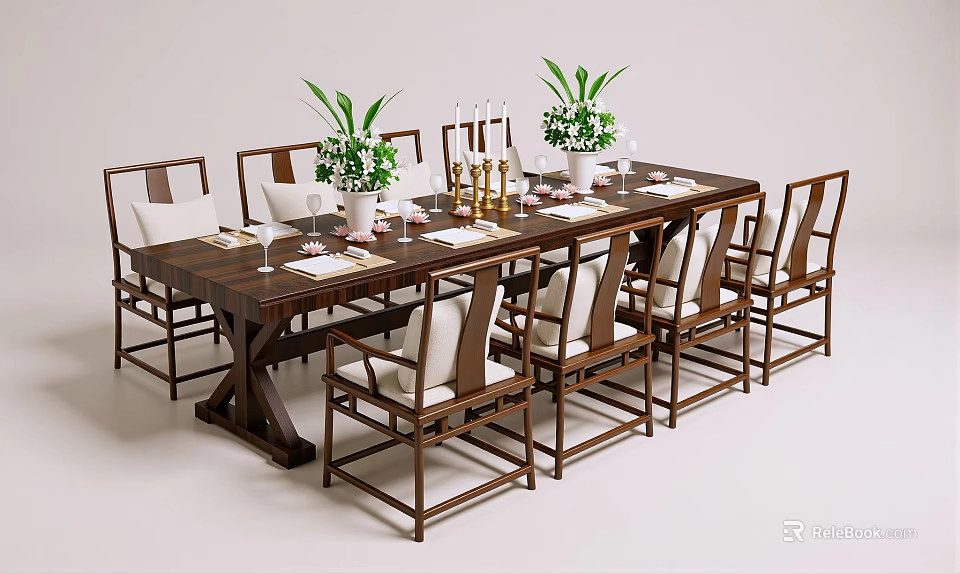 Elegant Wooden Dining Table and Chairs Set with Green Plants Candles and Tableware 3d model 