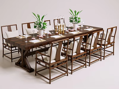 Elegant Wooden Dining Table and Chairs Set with Green Plants Candles and Tableware 3d model