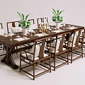 Elegant Wooden Dining Table and Chairs Set with Green Plants Candles and Tableware
