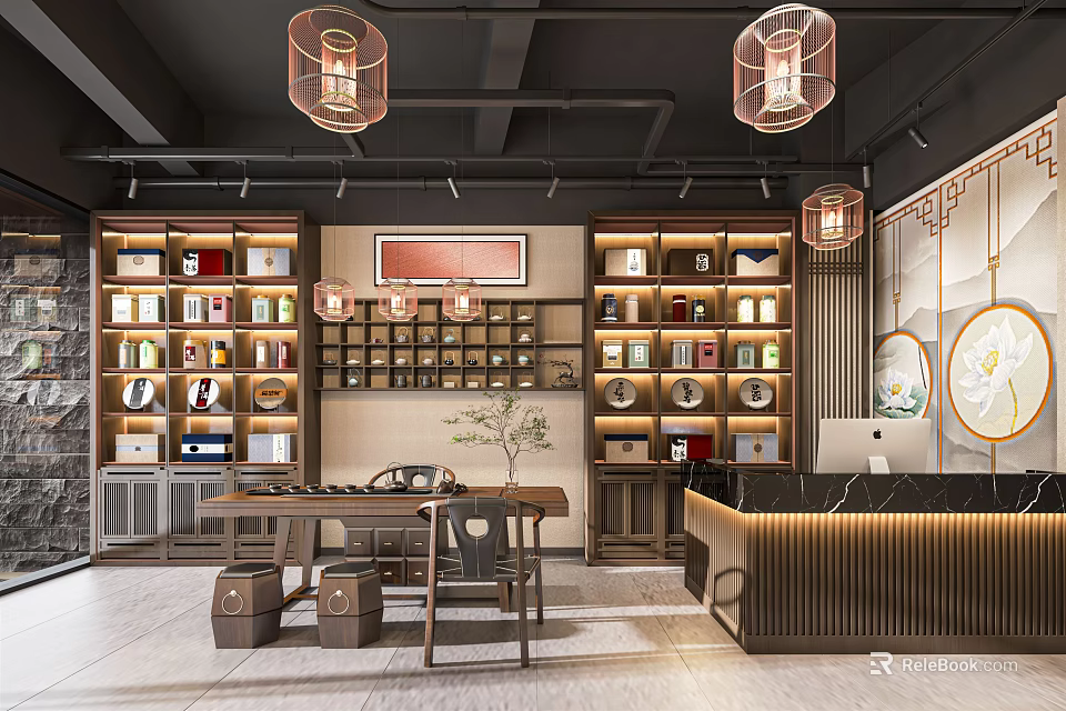 Modern Boutique Interior With Shelves Displayed Merchandise Pendant Lights Wooden Furniture And Wall Art 3d model 