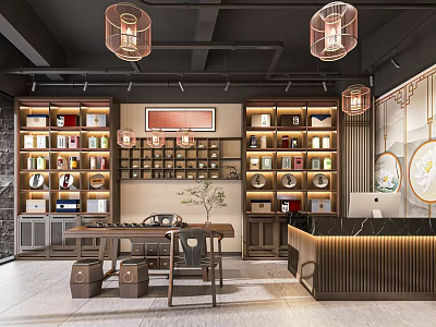 Modern Boutique Interior With Shelves Displayed Merchandise Pendant Lights Wooden Furniture And Wall Art 3d model