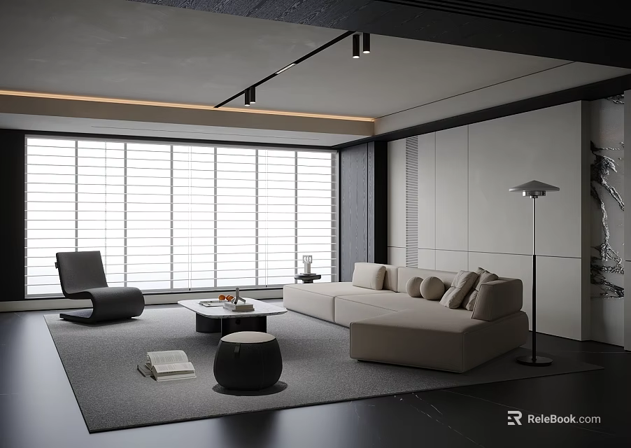Modern Living Room Sofa Coffee Table Set With Floor To Ceiling Windows And Accent Chair 3d model 