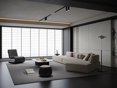 Modern Living Room Sofa Coffee Table Set With Floor To Ceiling Windows And Accent Chair 3d model