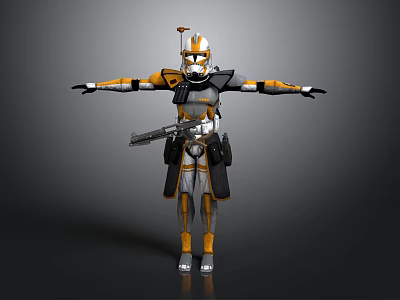 Clone Trooper With Orange White Armor And Blaster Arms Outstretched 3d model