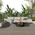 Outdoor Sofa on Wooden Patio with Fire Pit and Lush Green Plants