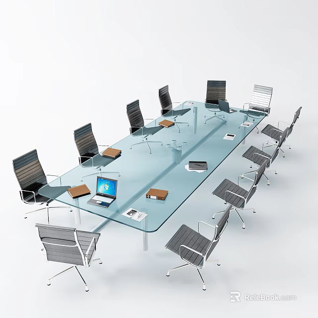Modern Glass Conference Table With Surrounding Chairs Laptop And Documents 3d model