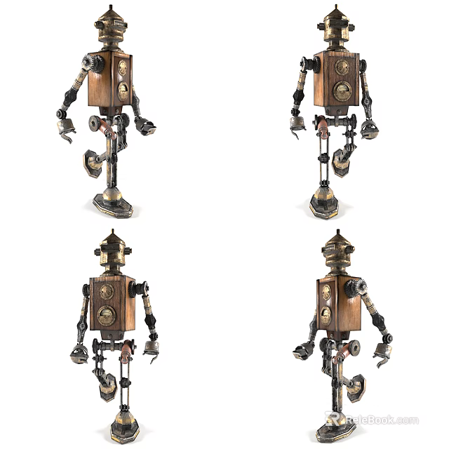 Vintage Style Robot Dolls Featuring Wooden Body And Metal Mechanical Parts 3d model 