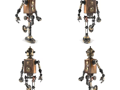 Vintage Style Robot Dolls Featuring Wooden Body And Metal Mechanical Parts 3d model