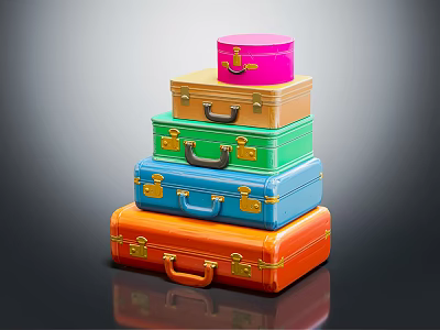 Colorful Stacked Suitcases with Gold Accents Handles and Reflective Surface on Dark Background 3d model