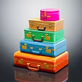 Colorful Stacked Suitcases with Gold Accents Handles and Reflective Surface on Dark Background