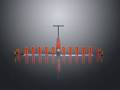 Parking Lot Access Control System With Orange Barriers And Toll Booth 3d model