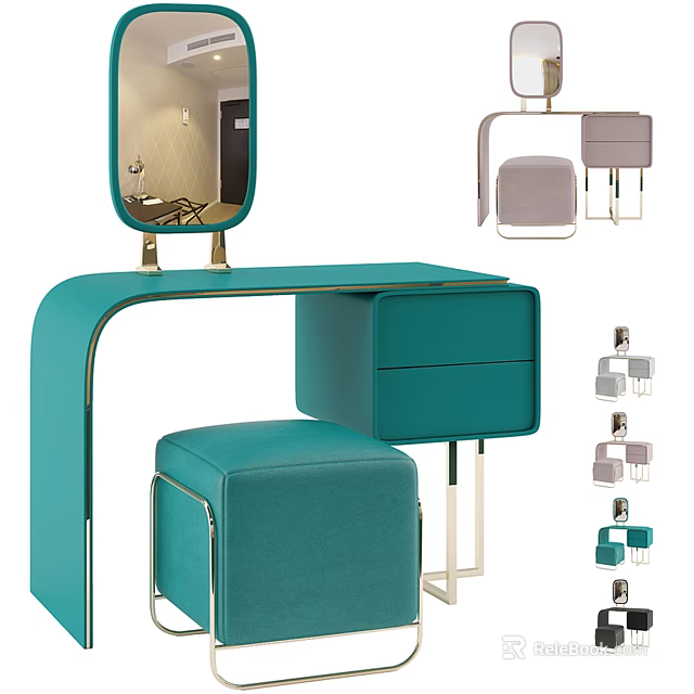 Modern Teal Dressing Table With Mirror Stool And Drawer Design 3d model