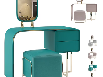 Modern Teal Dressing Table With Mirror Stool And Drawer Design 3d model