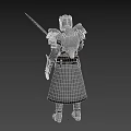 Man in medieval knight armor standing holding sword with detailed metal design