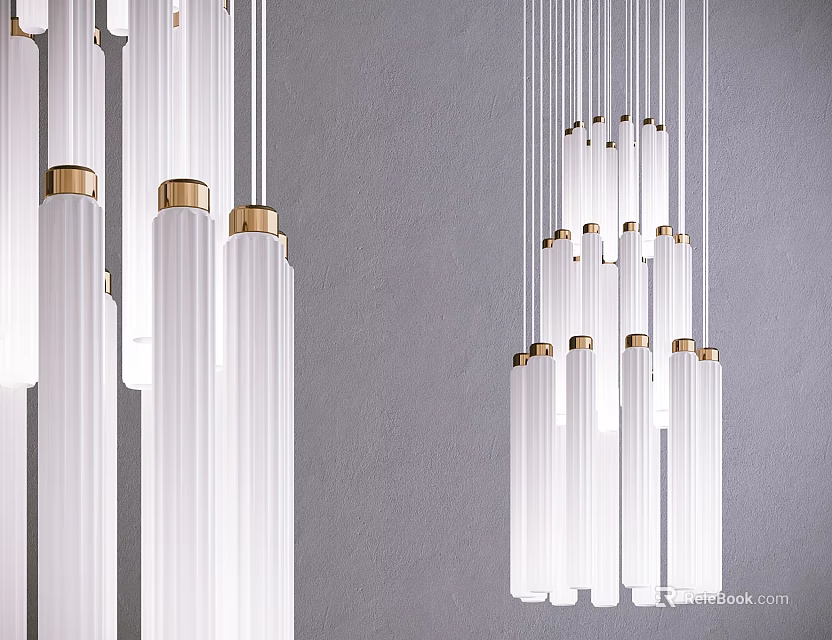 Sleek Modern White Cylindrical Chandeliers With Gold Accents Hanging On Grey Wall 3d model 