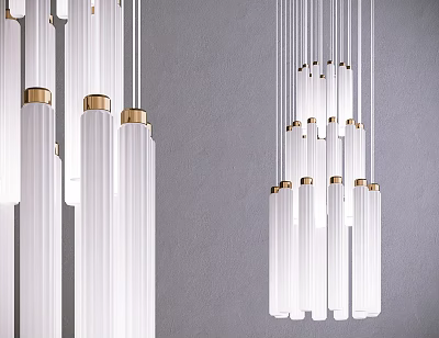 Sleek Modern White Cylindrical Chandeliers With Gold Accents Hanging On Grey Wall 3d model