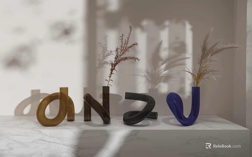 Modern Curved Vases with Dried Foliage on Marble Surface in Brown Black Blue Colors 3d model 