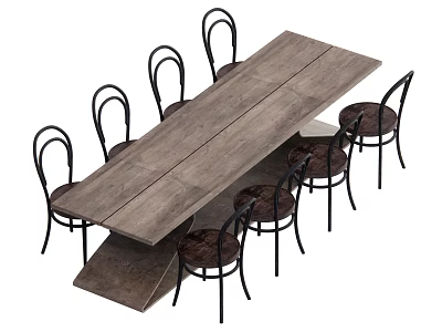 Rustic Wooden Dining Table Set With Black Metal Frame Chairs And Brown Cushions 3d model