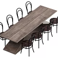 Rustic Wooden Dining Table Set With Black Metal Frame Chairs And Brown Cushions