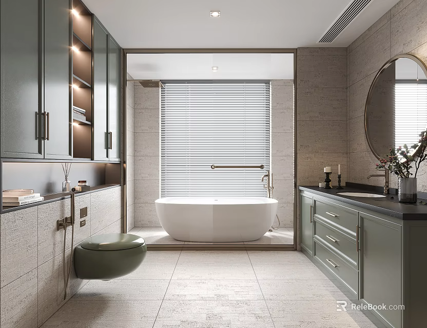 Elegant Modern Bathroom Interior With Green Cabinets Freestanding Bathtub And Round Mirror 3d model 