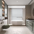 Elegant Modern Bathroom Interior With Green Cabinets Freestanding Bathtub And Round Mirror
