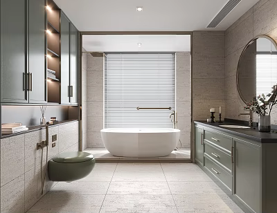 Elegant Modern Bathroom Interior With Green Cabinets Freestanding Bathtub And Round Mirror 3d model