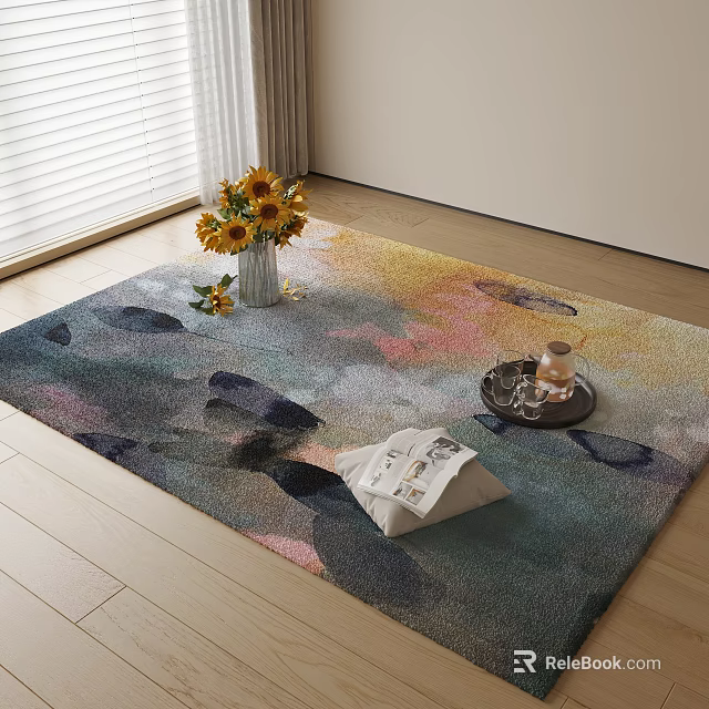 Colorful Square Rug with Watercolor Pattern in Living Room Featuring Sunflowers Tray and Magazine 3d model 