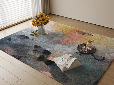 Colorful Square Rug with Watercolor Pattern in Living Room Featuring Sunflowers Tray and Magazine 3d model