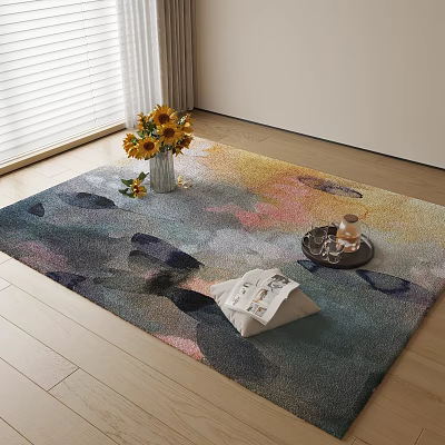 Colorful Square Rug with Watercolor Pattern in Living Room Featuring Sunflowers Tray and Magazine 3d model