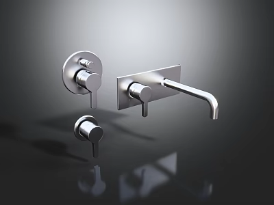 Modern Chrome Wall Mounted Faucet With Sleek Design And Control Knobs 3d model
