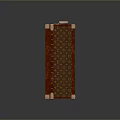 Vintage Style Suitcase With Red Trim Brown Patterned Surface And Wooden Handle