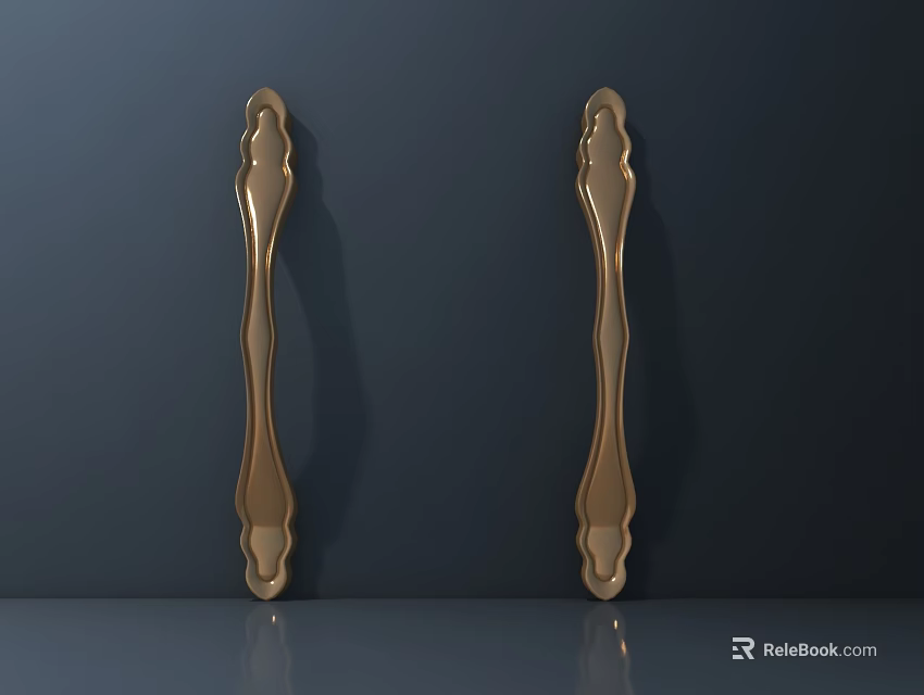 Elegant Golden Door Handles With Curved Metal Design And Shiny Finish 3d model 