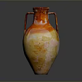 Sculpted Ceramic Vase with Two Handles Orange Yellow Gradient Surface and Intricate Carved Details