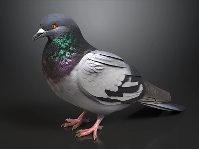 Realistic Gray Pigeon With Green Purple Neck Feathers On Black Background 3d model