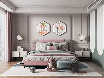 Nordic Children's Room Children's Bedroom Girls' Room Bedside Background Wall Table Lamp Bedclothes Dressing Table Wardrobe Chandelier 3d model