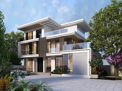 Modern Two Story Detached Villa Exterior With Large Windows And Lush Greenery 3d model