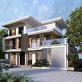 Modern Two Story Detached Villa Exterior With Large Windows And Lush Greenery