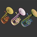 Three Decorative Shiny Trumpets In Gold Silver Copper As Living Supplies